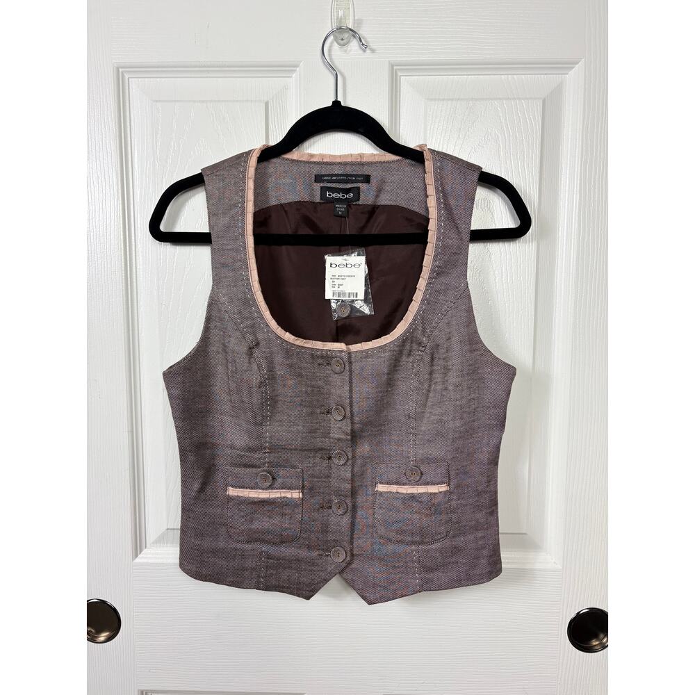 Bebe Contrast Trim Bustier Vest Ramie Linen Blend Brown Pink Women's Size M NWT